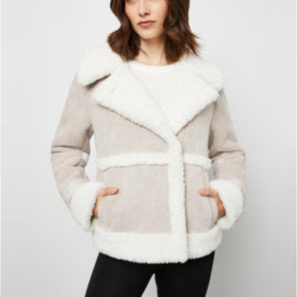 Faux Shearling Moto Jacket, color- STONE, size-XS, by Bcbgmaxaria. NWT